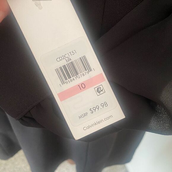 NWT Calvin Klein Puff Sheer Illusion Sleeve Dress Black Midi size 10 Event NEW - Picture 3 of 12